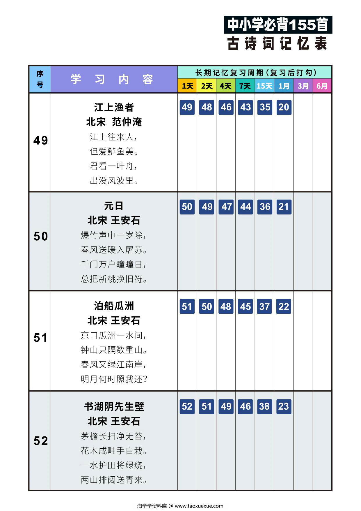 图片[3]-155首古诗词艾宾浩斯记忆表，43页PDF可打印-淘学学资料库