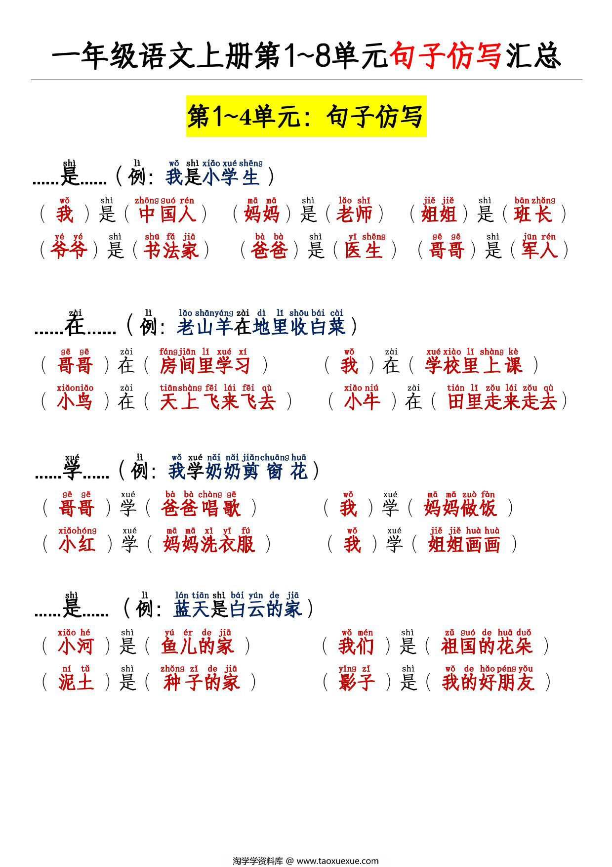 图片[1]-2024秋新版一年级上册语文第1~8单元句子仿写专项，14页PDF可打印-淘学学资料库