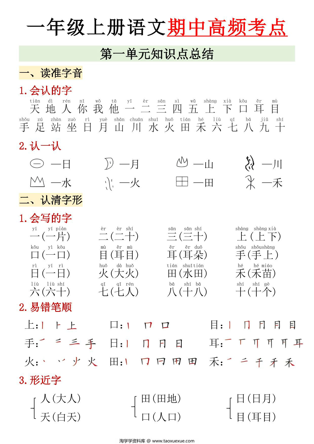 图片[1]-24年秋一年级上册语文1-4单元期中高频考点，7页PDF电子版-淘学学资料库