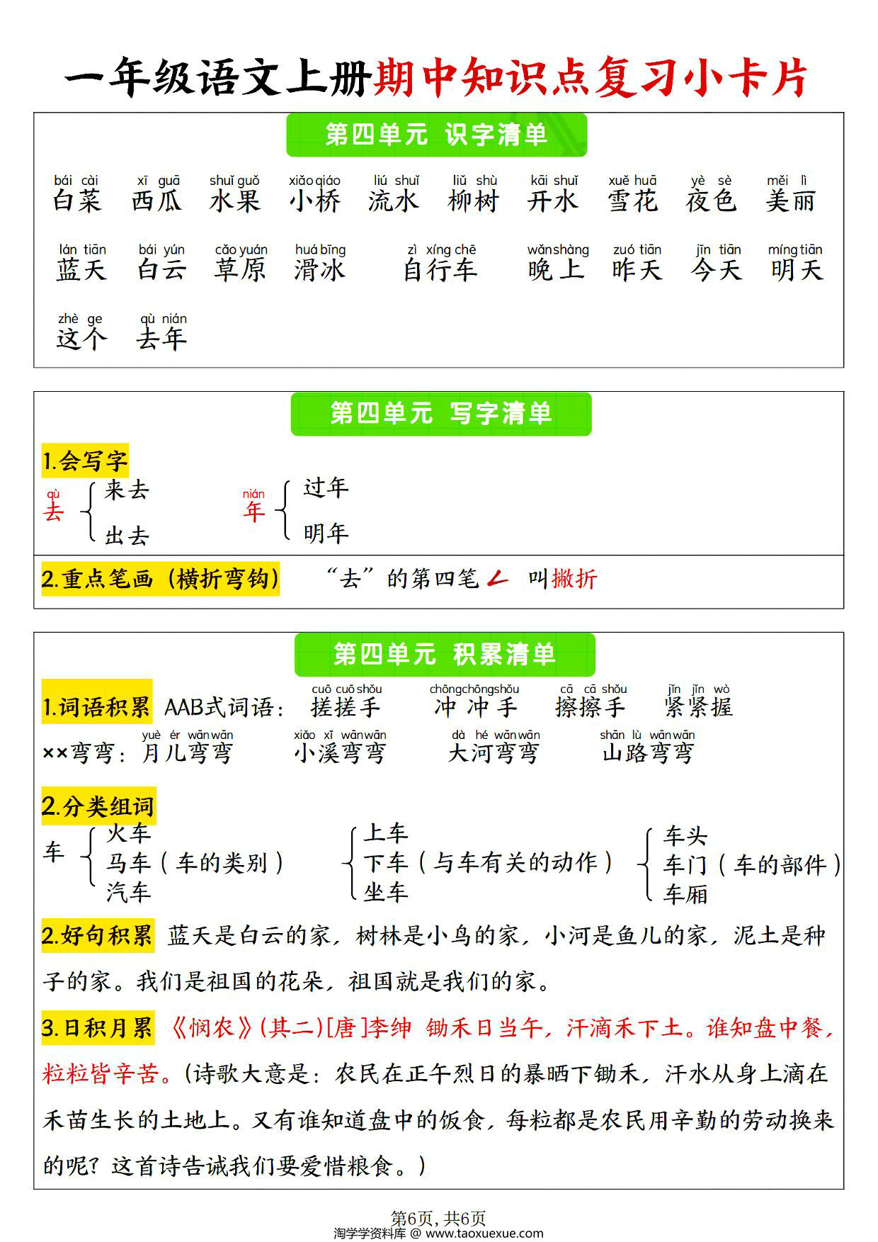 图片[3]-24年秋一年级语文上册1-4单元期中知识点复习小卡片，6页PDF电子版-淘学学资料库