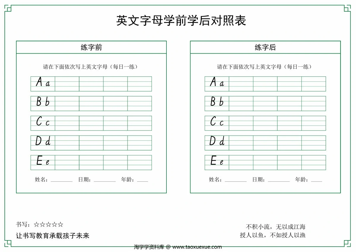 26个英文字母学前学后对照表，6页PDF电子版