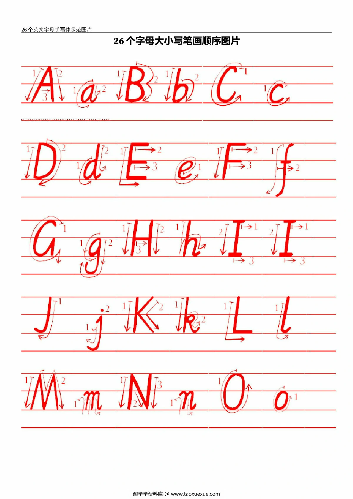 26个英文字母笔画描红书写，6页PDF电子版