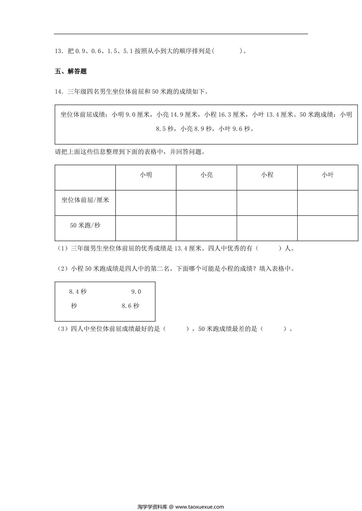 图片[3]-7.2 小数的大小比较 三年级下册数学同步练习 人教版，6页PDF可打印-淘学学资料库