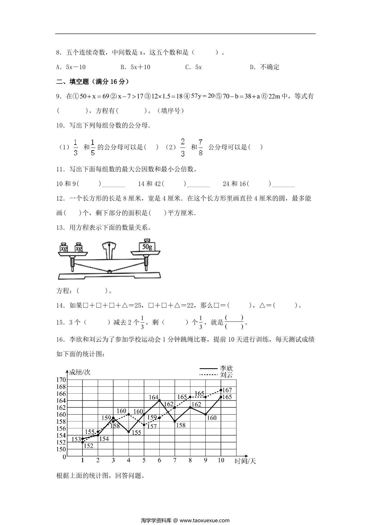 图片[2]-【期末满分冲刺】五年级下册数学试题-期末考试常考易错题最后一次模拟（二） 苏教版，8页PDF可打印-淘学学资料库