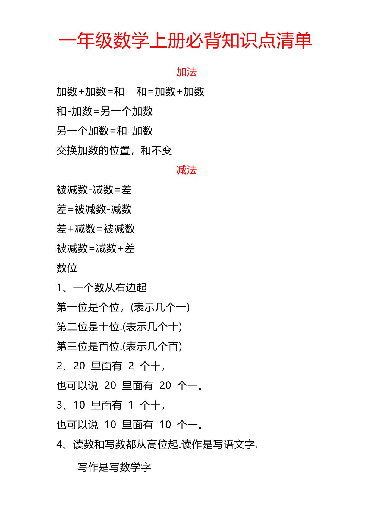 图片[1]-一年级上册数学必背知识点清单，4页PDF电子版-淘学学资料库
