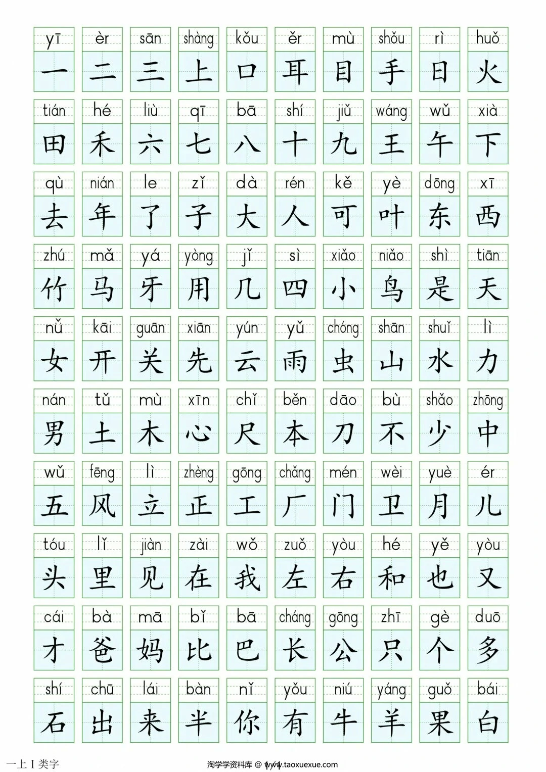 一年级上册生字表+识字+笔画+偏旁表，6页PDF电子版