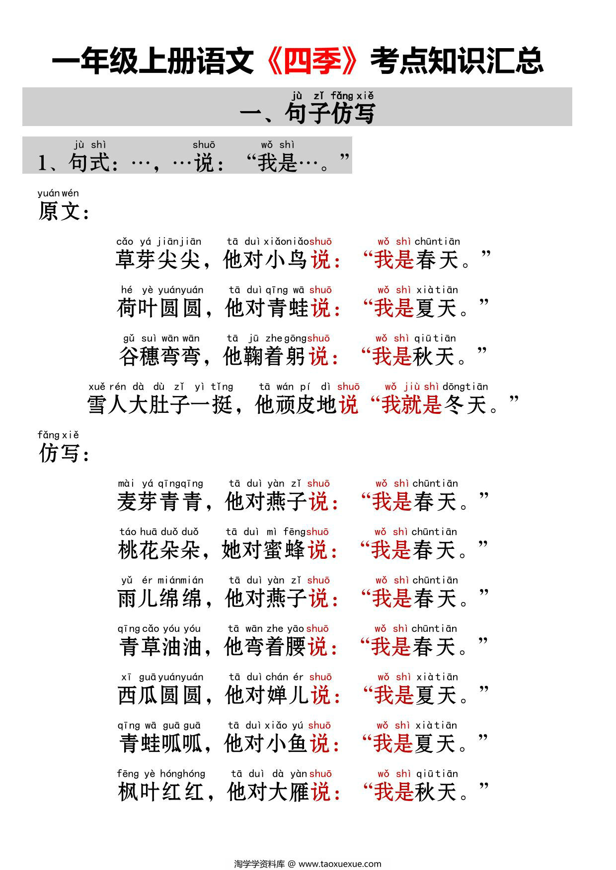 图片[1]-一年级上册语文《四季》考点知识汇总（句子仿写+词语积累+字词总结+练习），4页PDF可打印-淘学学资料库