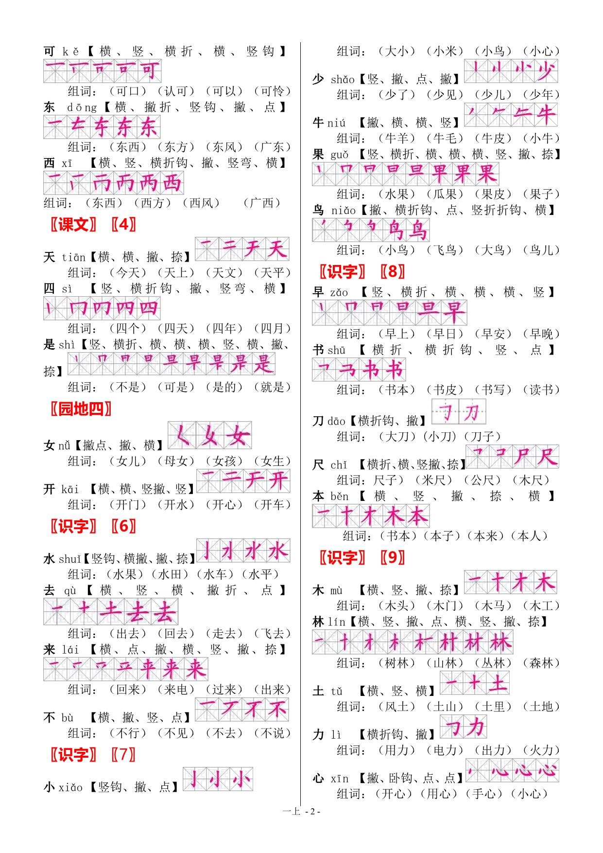 图片[2]-一年级上册语文全册生字 笔顺 组词，4页PDF可打印-淘学学资料库