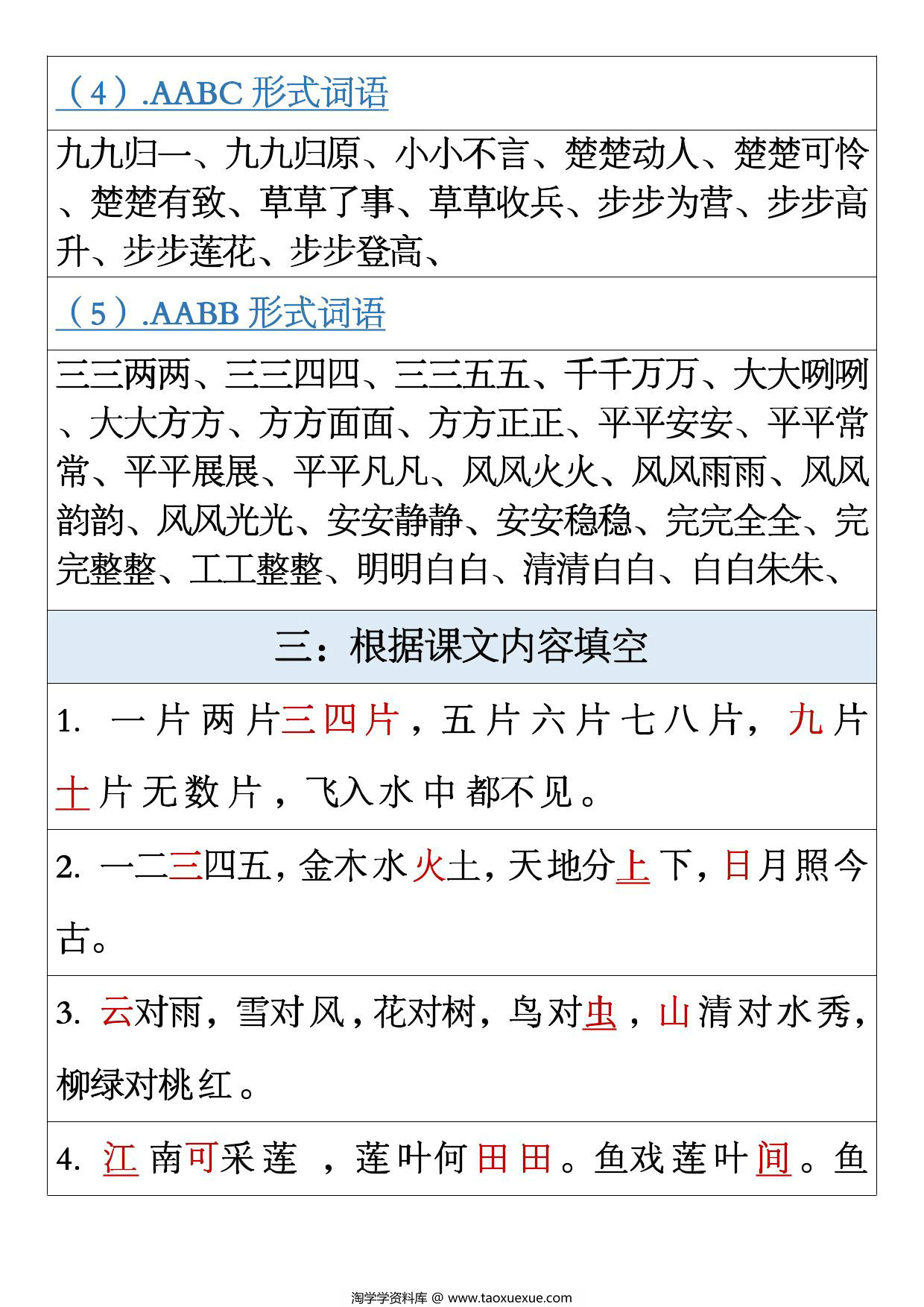 图片[3]-一年级上册语文全册重点内容汇总（日积月累+各种形式的词语+根据课文内容填空），7页PDF可打印-淘学学资料库