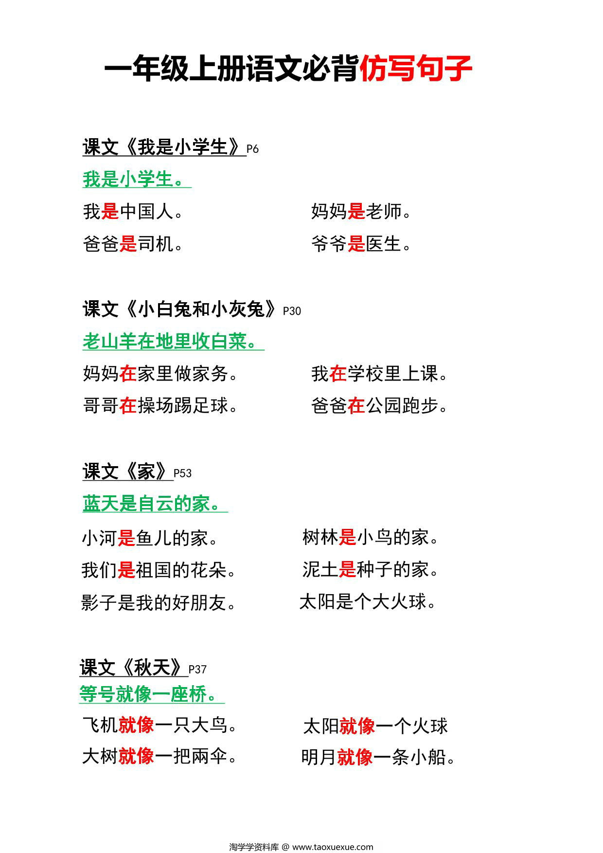 图片[1]-一年级上册语文必背仿写句子，4页PDF可打印-淘学学资料库