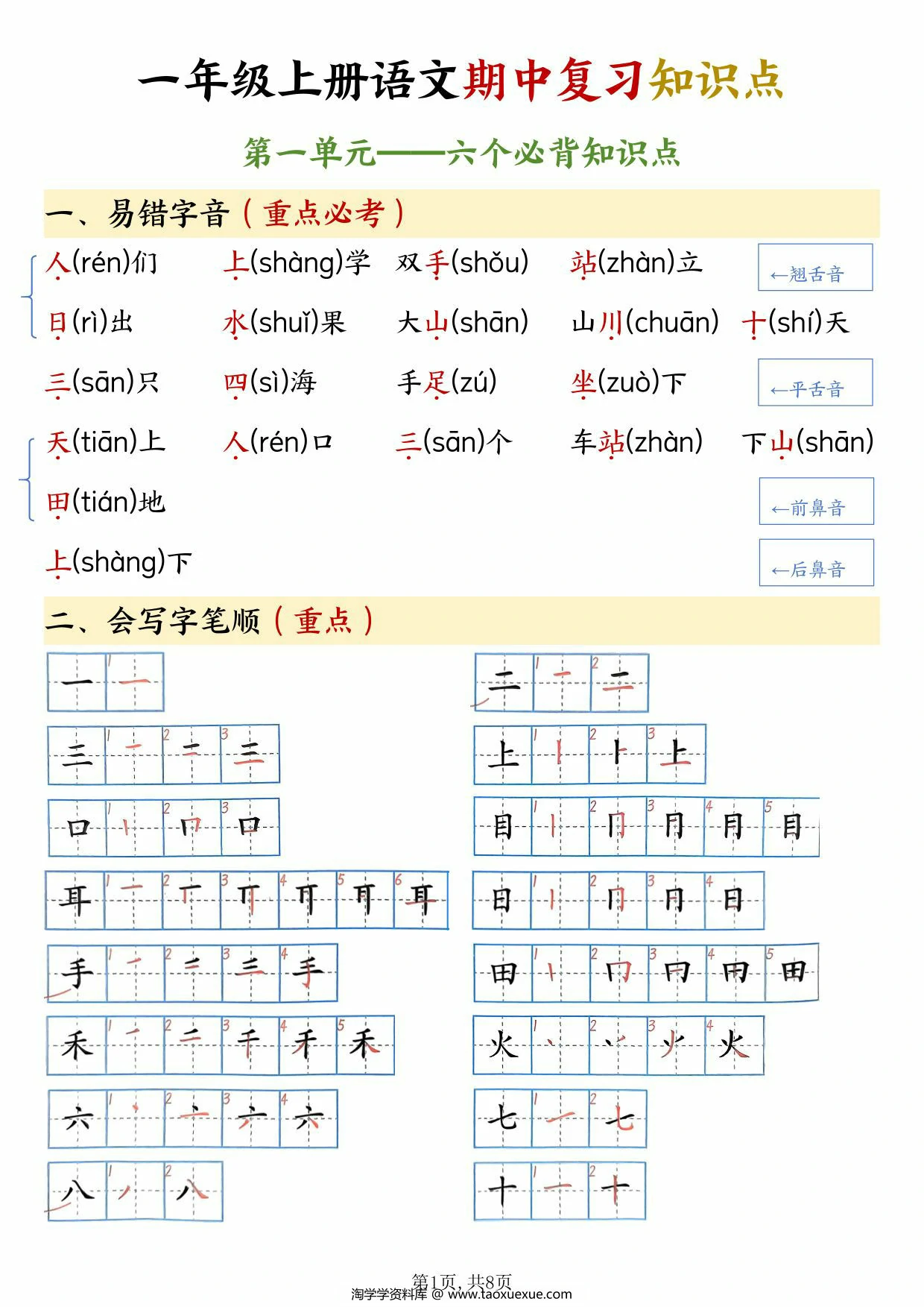 一年级上册语文期中复习知识点，8页PDF可打印