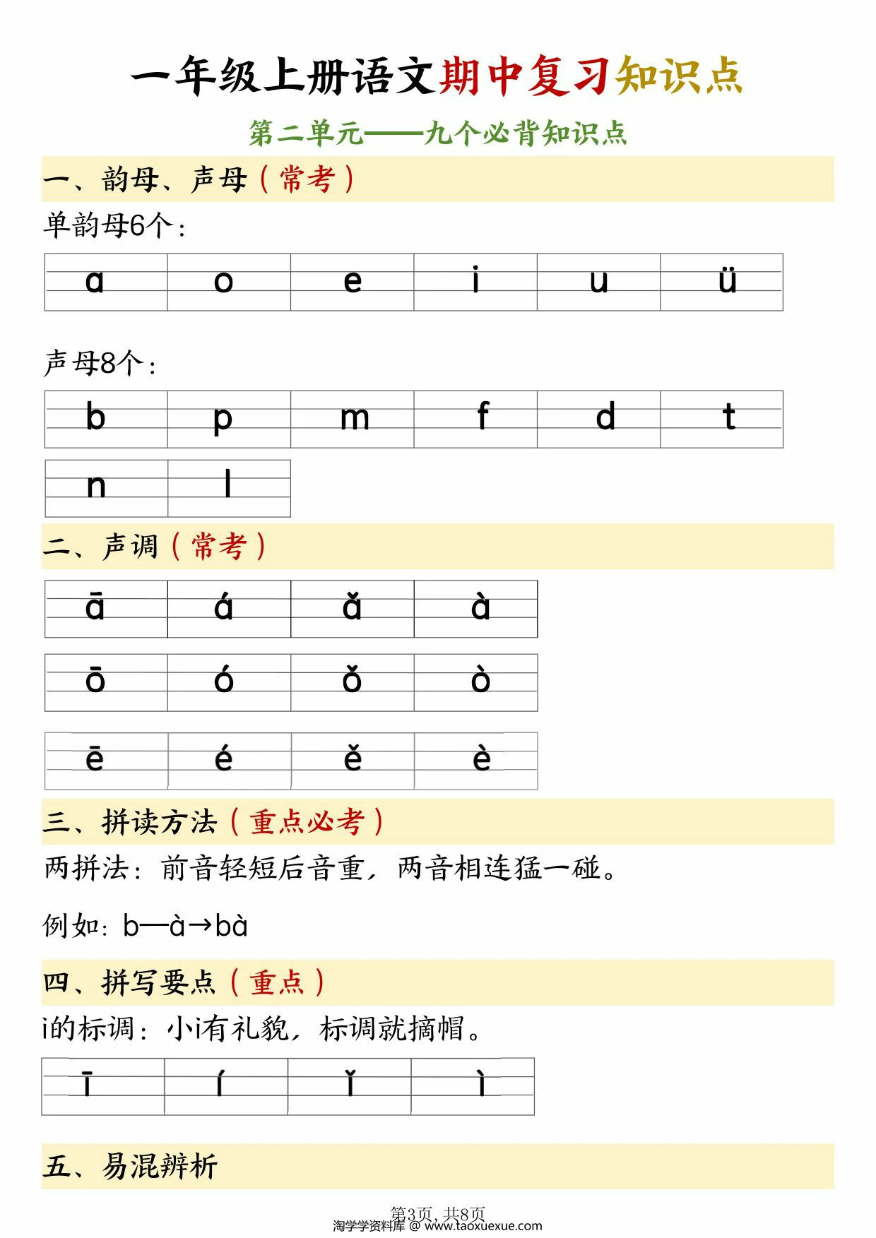 图片[3]-一年级上册语文期中复习知识点，8页PDF可打印-淘学学资料库