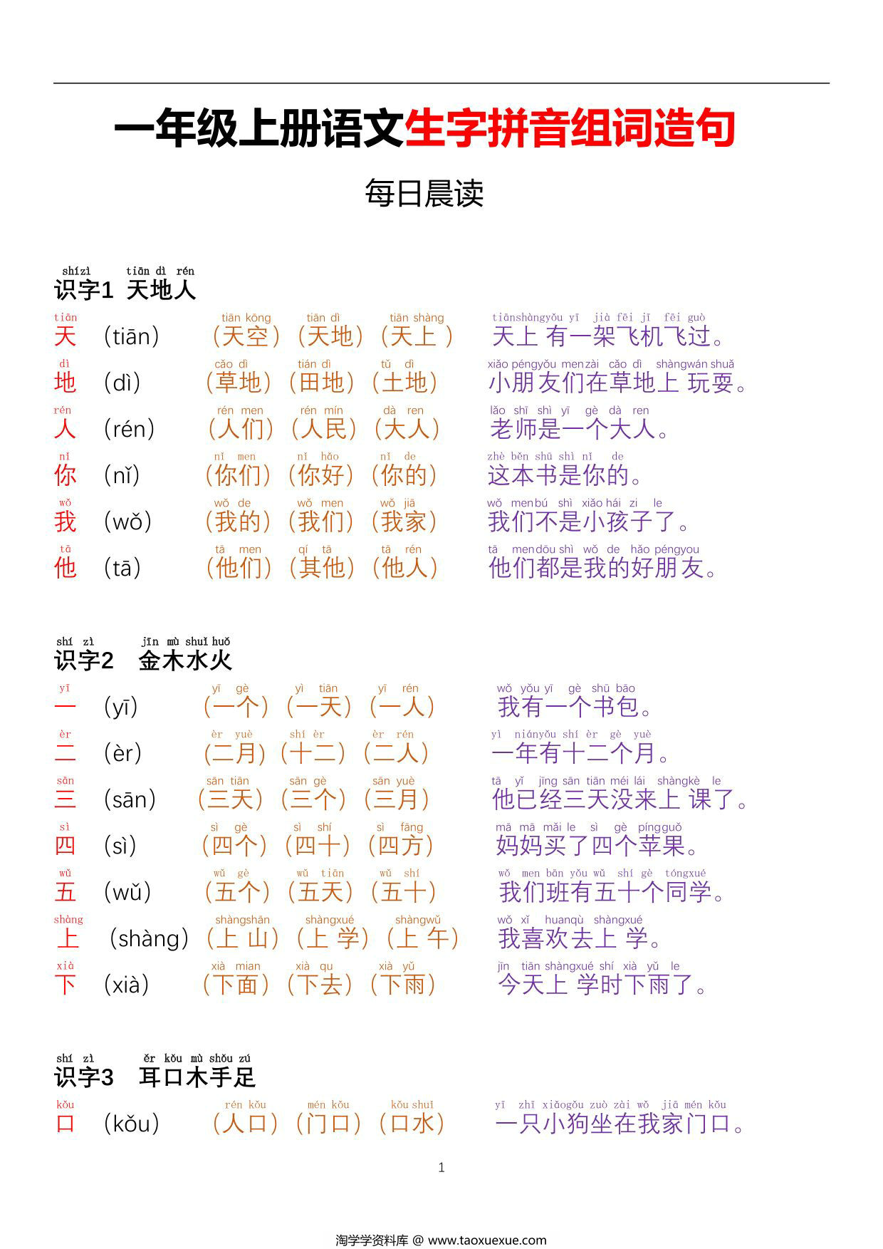 图片[1]-一年级上册语文生字拼音组词造句（每日晨读），16页PDF电子版-淘学学资料库