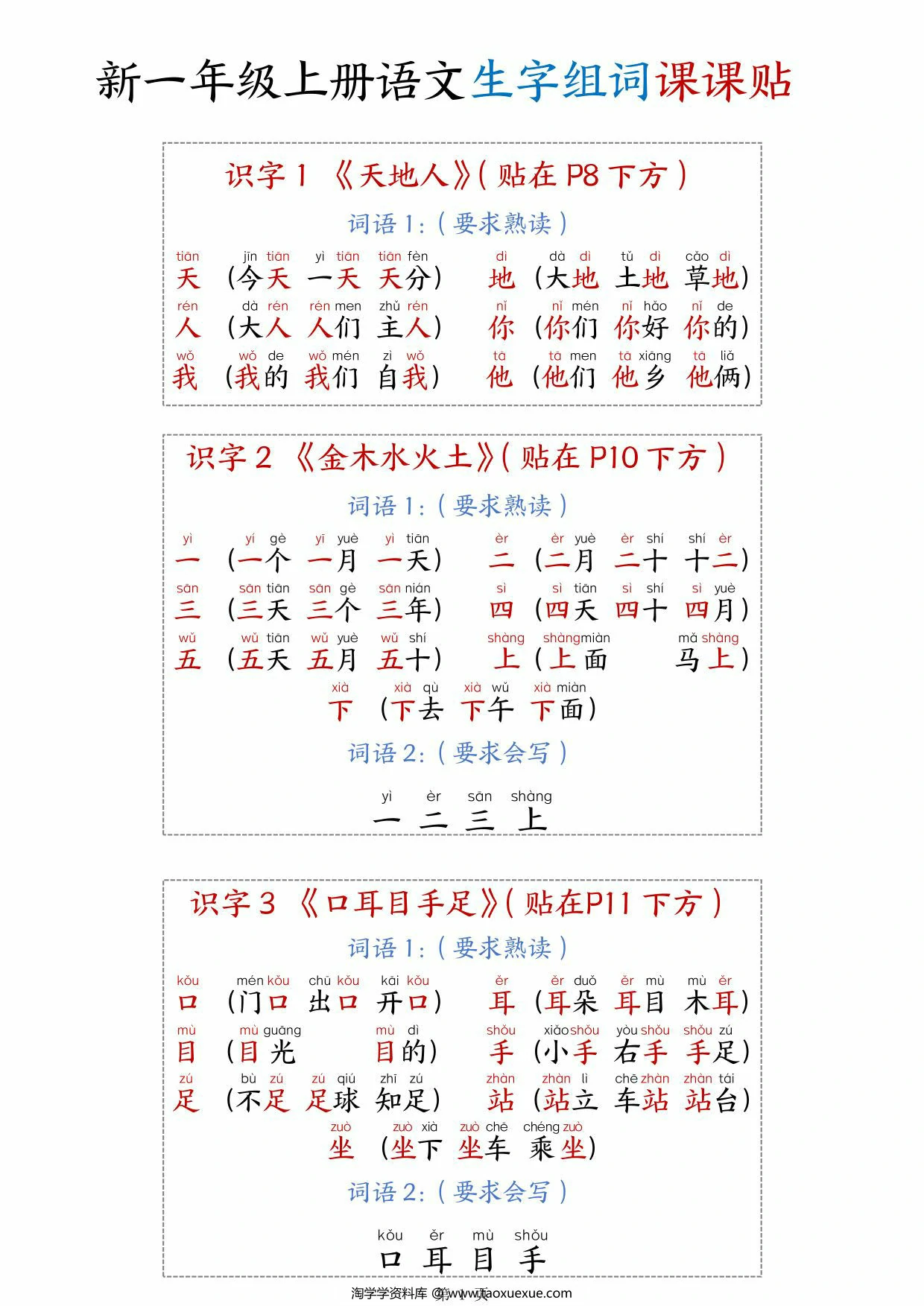 一年级上册语文生字组词课课贴，11页PDF可打印
