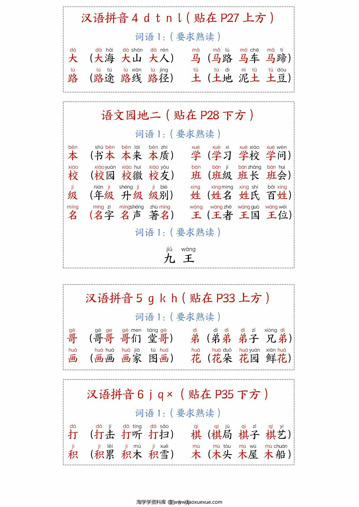 图片[3]-一年级上册语文生字组词课课贴，11页PDF可打印-淘学学资料库