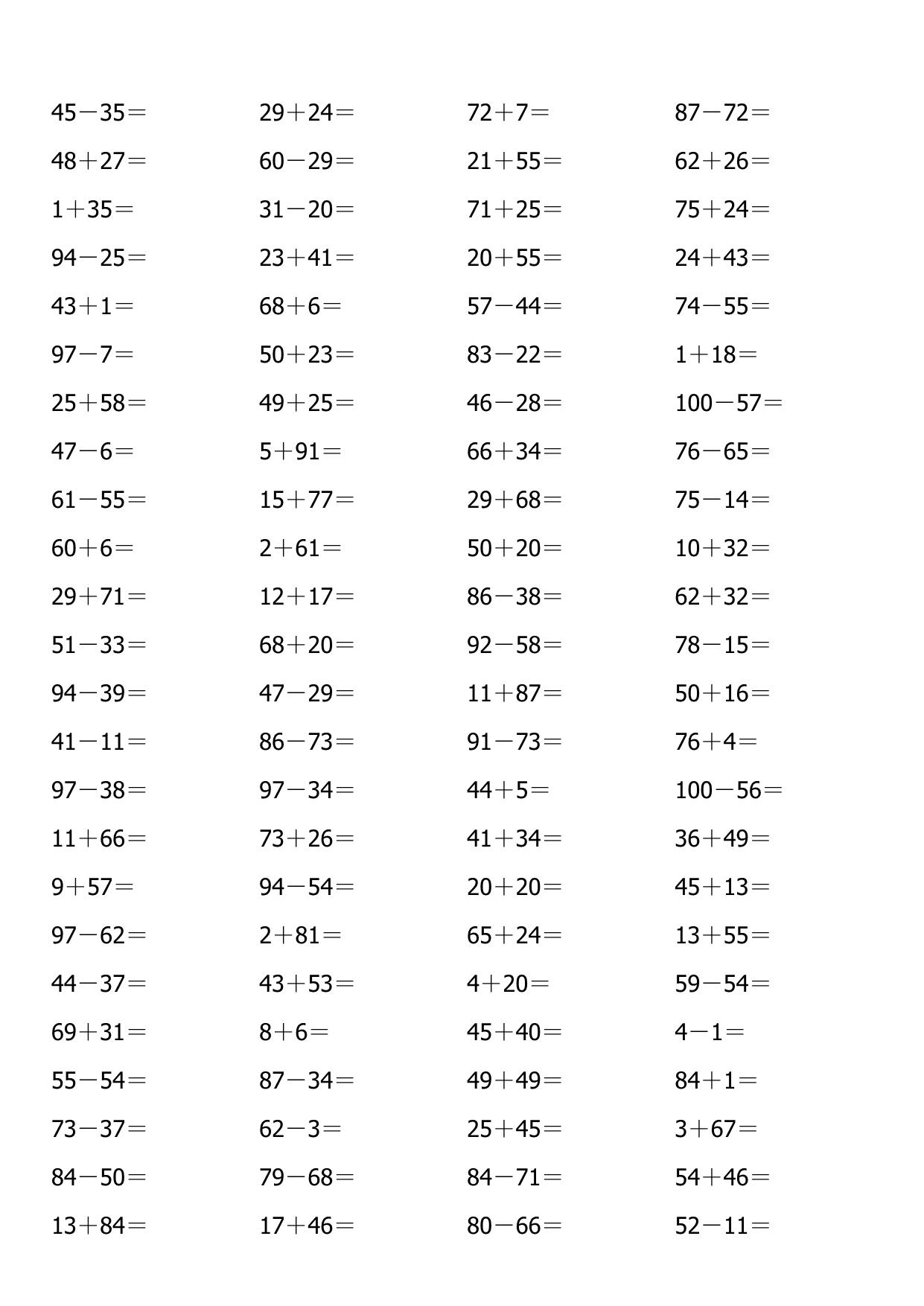 图片[1]-一年级下册数学-100以内口算计算题(40页)-淘学学资料库
