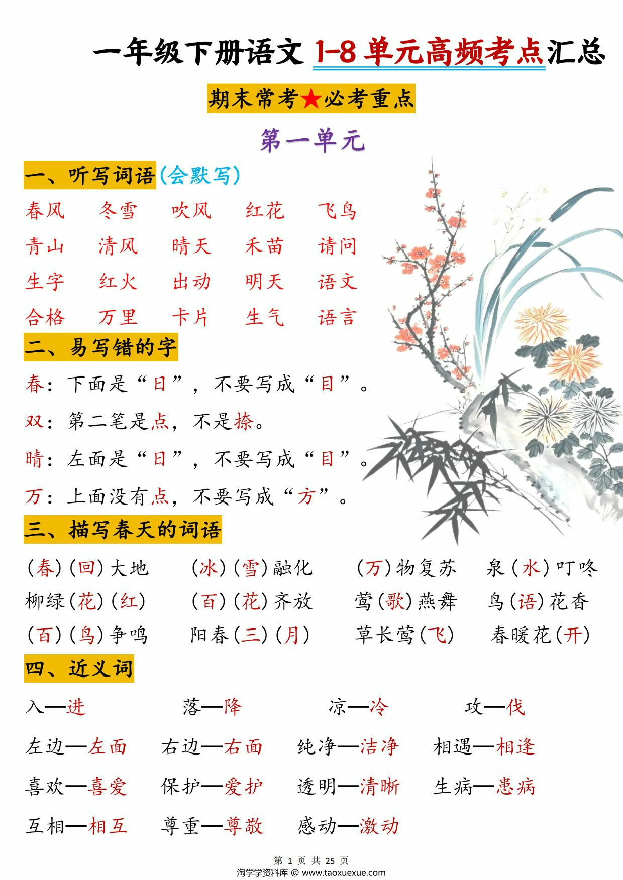 图片[1]-一年级下册语文1-8单元高频考点汇总，25页PDF电子版-淘学学资料库