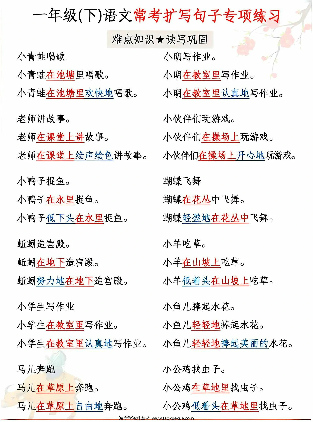 图片[2]-一年级下册语文常考扩写句子专项练习，6页PDF电子版-淘学学资料库