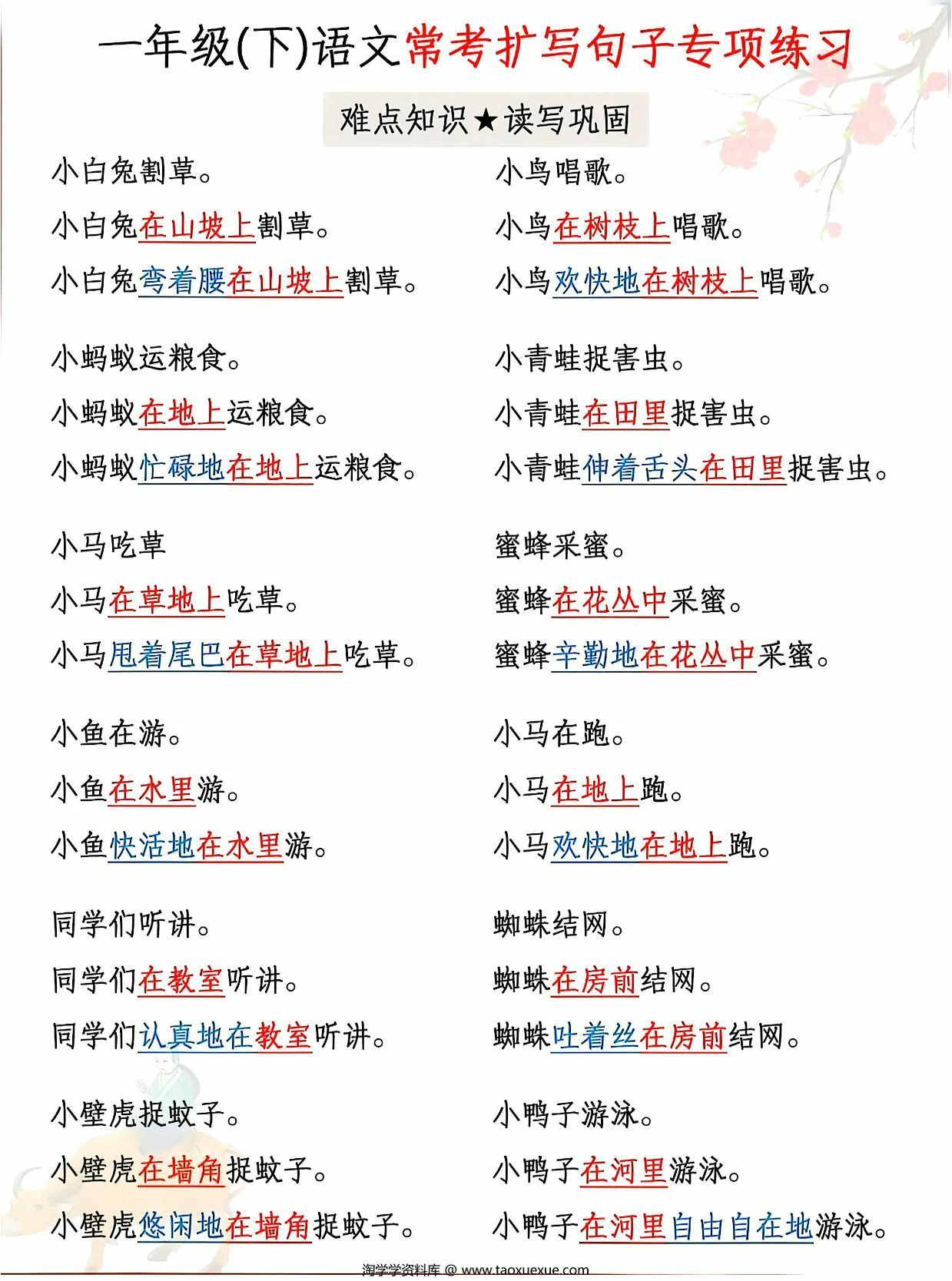 图片[3]-一年级下册语文常考扩写句子专项练习，6页PDF电子版-淘学学资料库