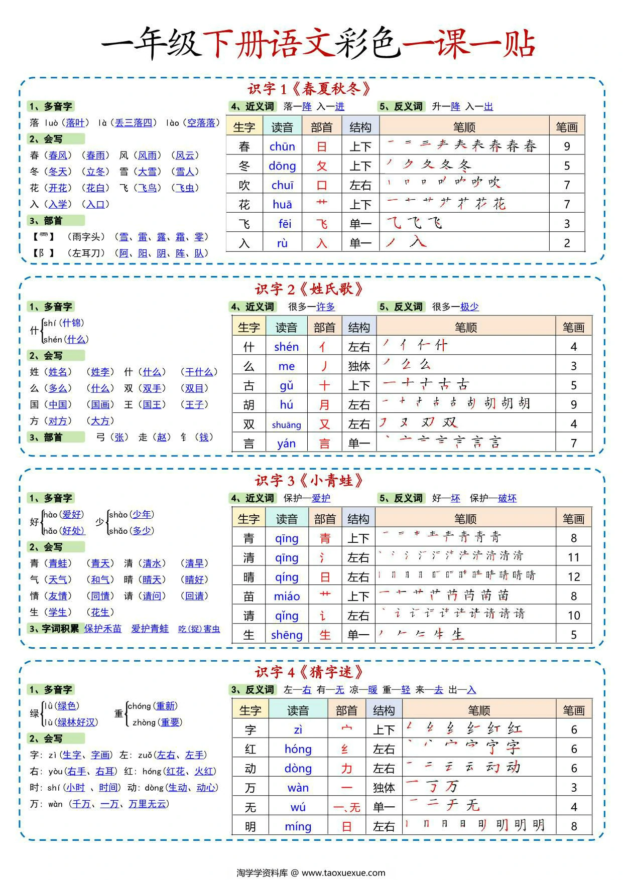 图片[1]-一年级下册语文彩色一课一贴，9页PDF电子版-淘学学资料库