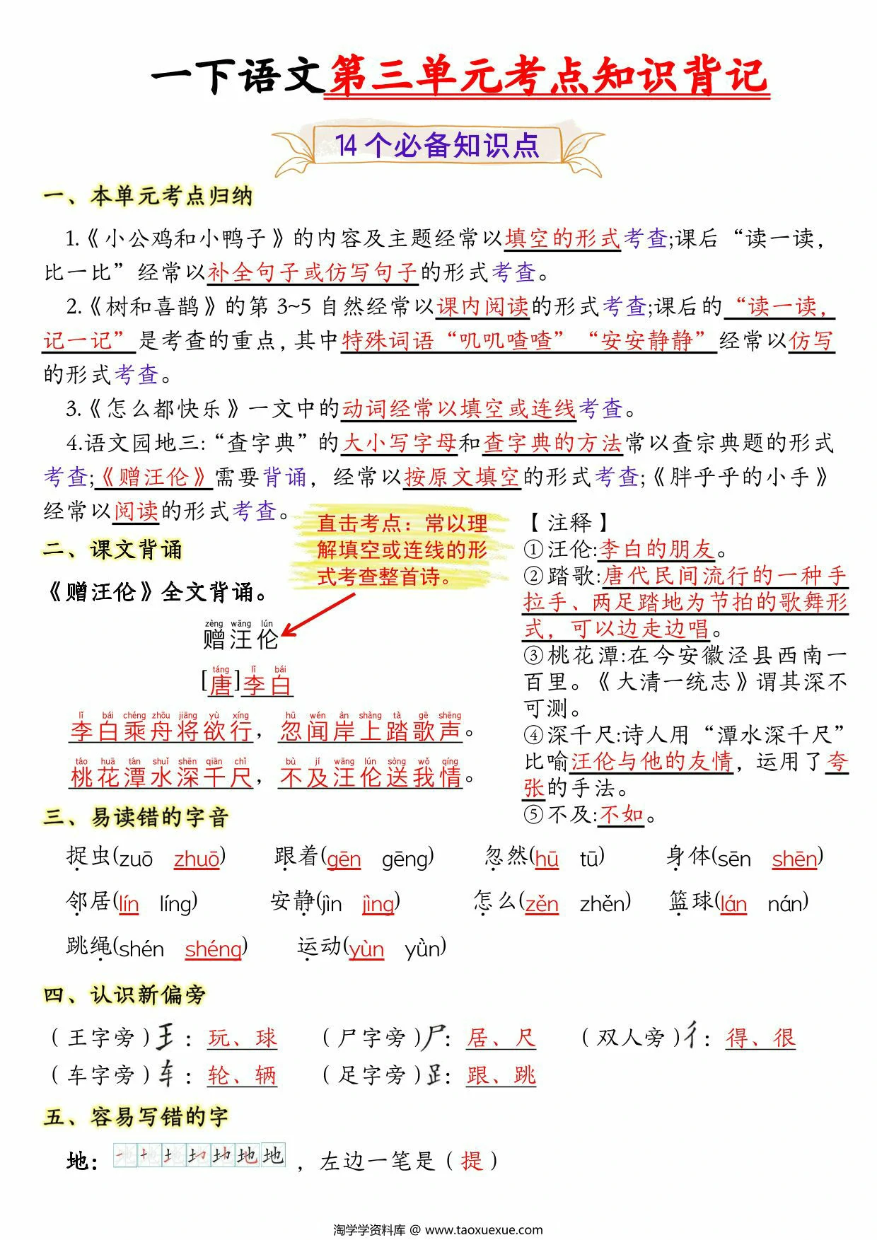 图片[1]-一年级下册语文第三单元考点知识背记-14个必背知识点，4页PDF电子版-淘学学资料库