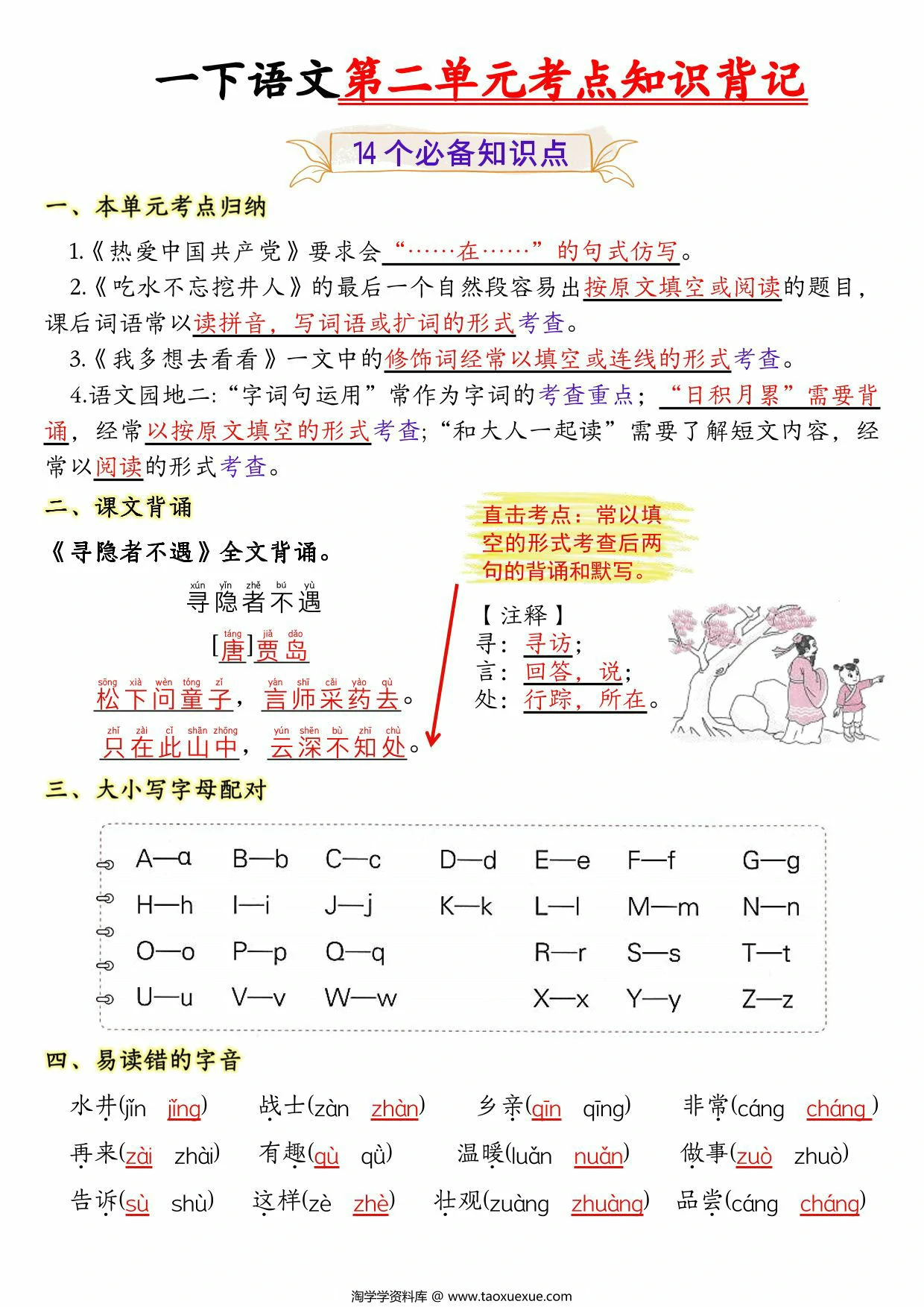 图片[1]-一年级下册语文第二单元考点知识背记-14个必背知识点，4页PDF可打印-淘学学资料库