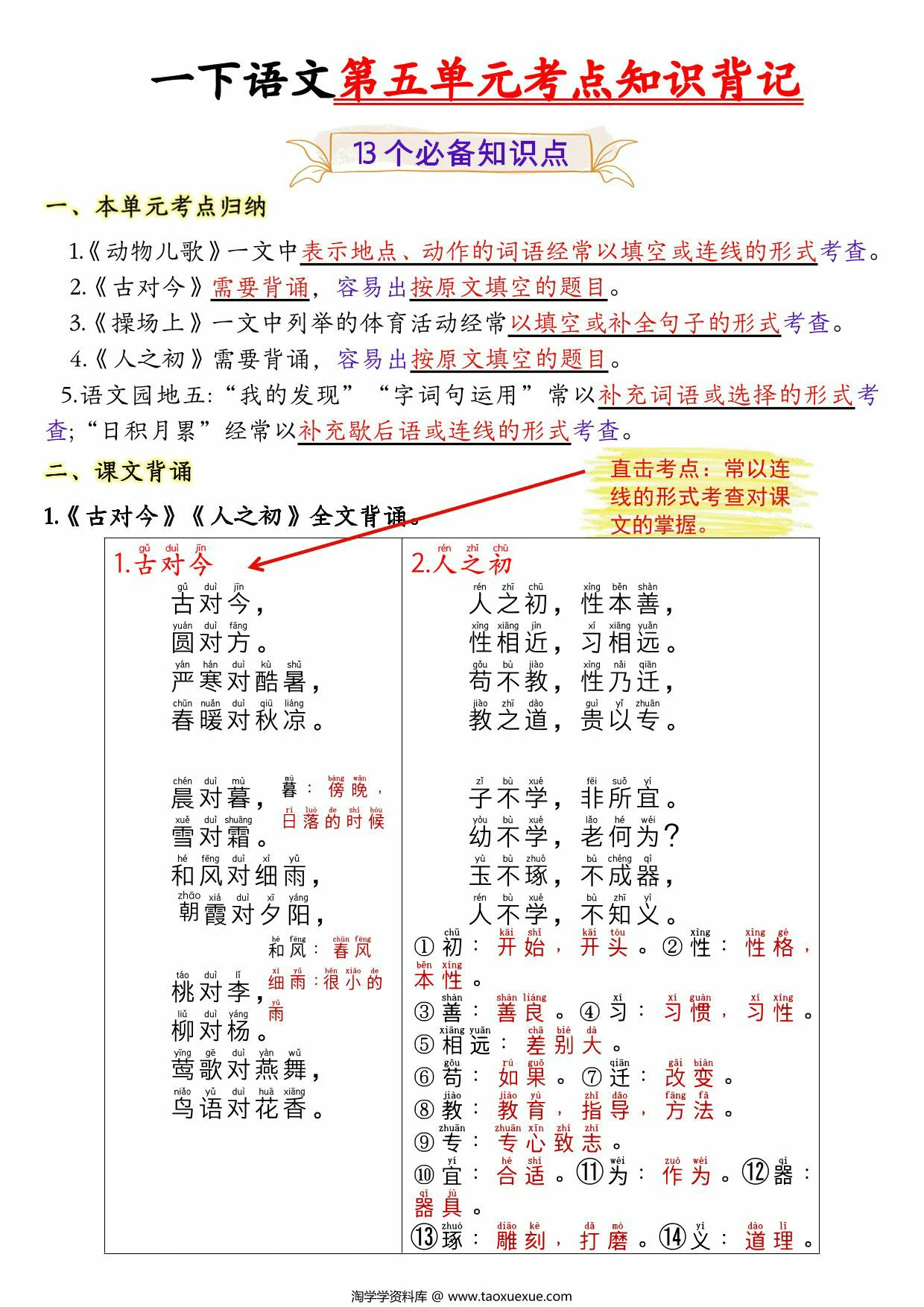 图片[1]-一年级下册语文第五单元考点知识背记-13个必背知识点，4页PDF电子版-淘学学资料库
