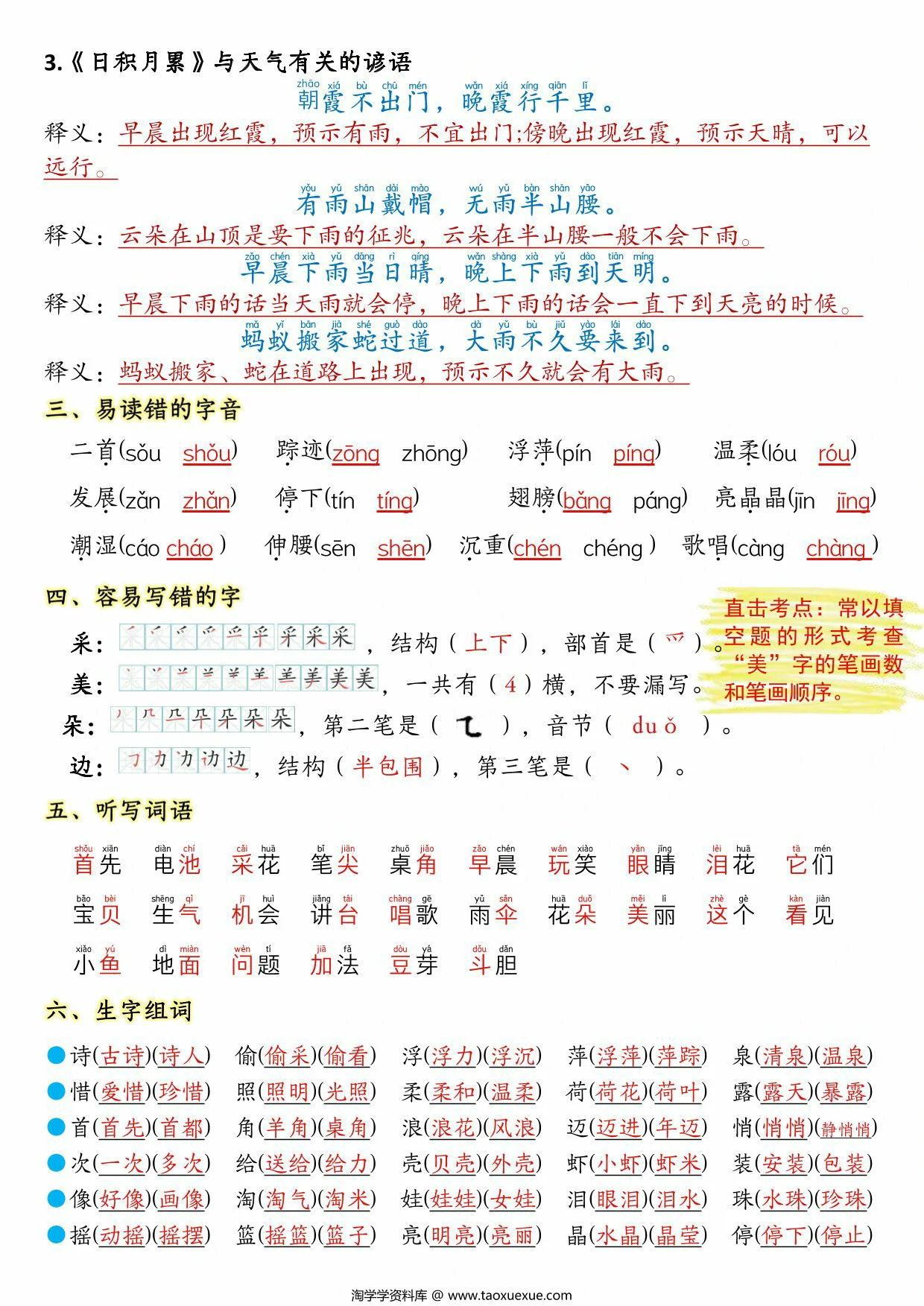 图片[2]-一年级下册语文第六单元考点知识背记-12个必背知识点，4页PDF可打印-淘学学资料库