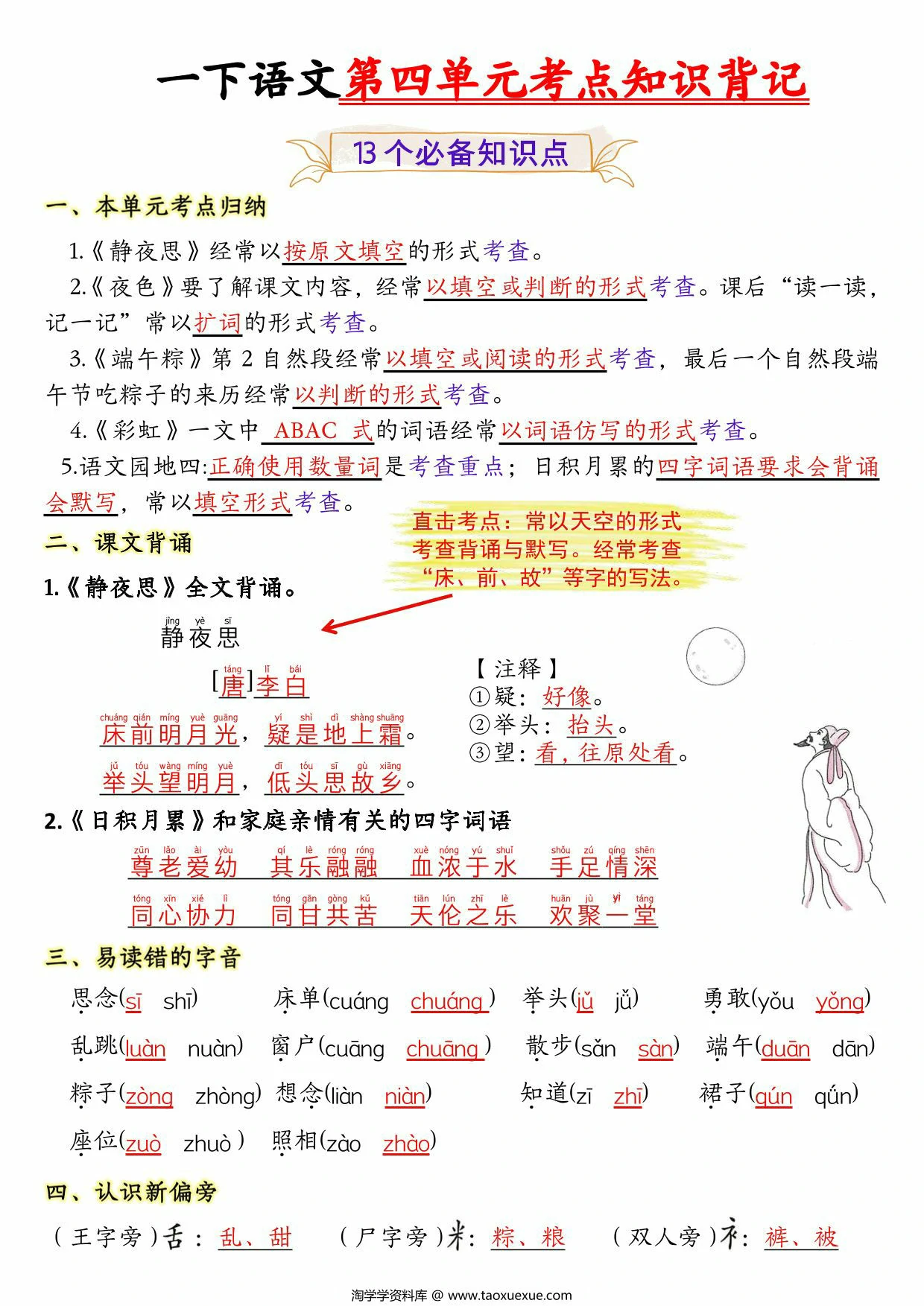 图片[1]-一年级下册语文第四单元考点知识背记-13个必背知识点，4页PDF可打印-淘学学资料库