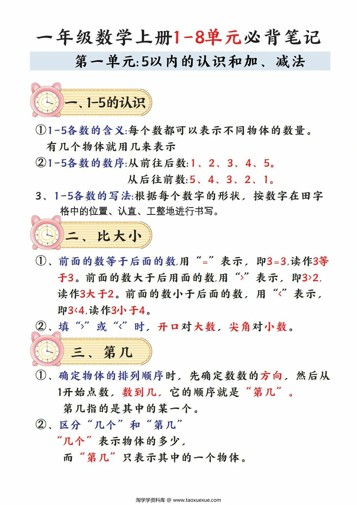 一年级数学上册1-8单元必背笔记，8页PDF可打印