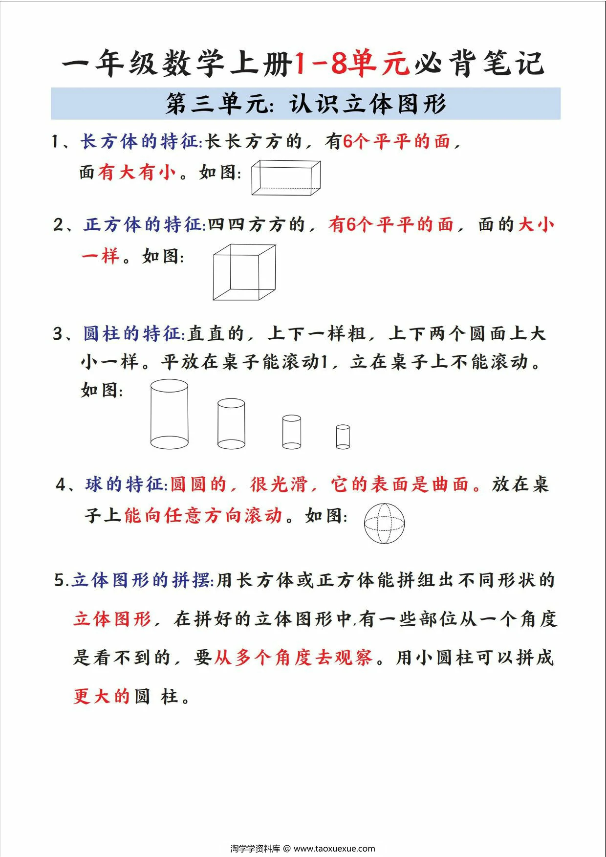 图片[3]-一年级数学上册1-8单元必背笔记，8页PDF可打印-淘学学资料库