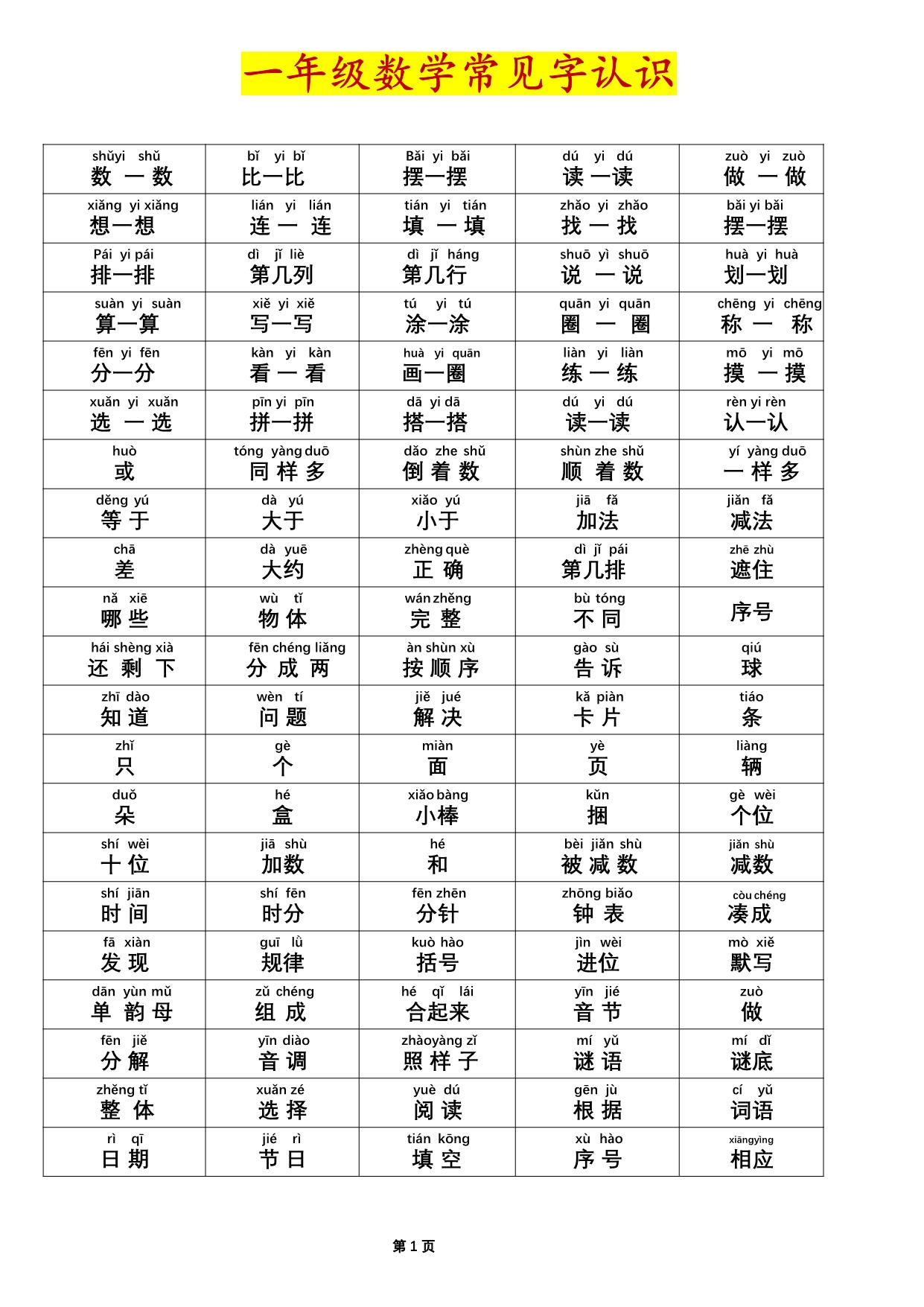 图片[1]-一年级数学常见字认识（拼音版），2页PDF电子版-淘学学资料库