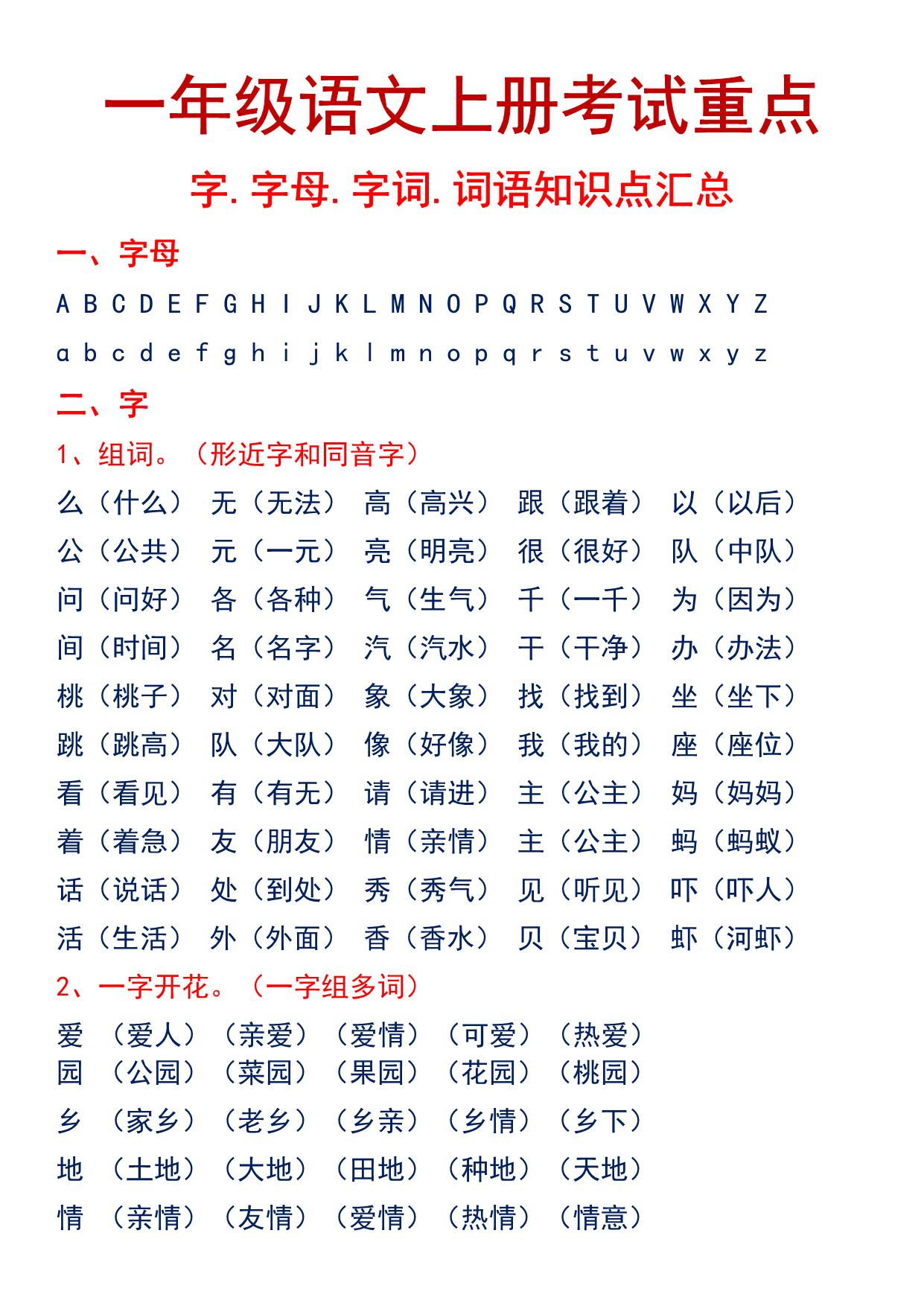 图片[1]-一年级语文上册考试重点 字.字母.字词.词语知识点汇总，7页PDF可打印-淘学学资料库