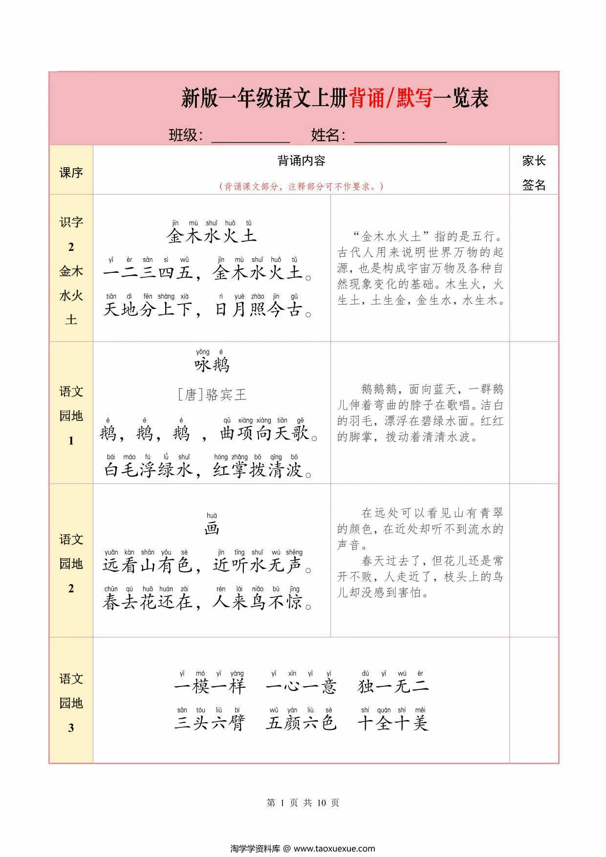 一年级语文上册背诵默写一览表，10页PDF可打印