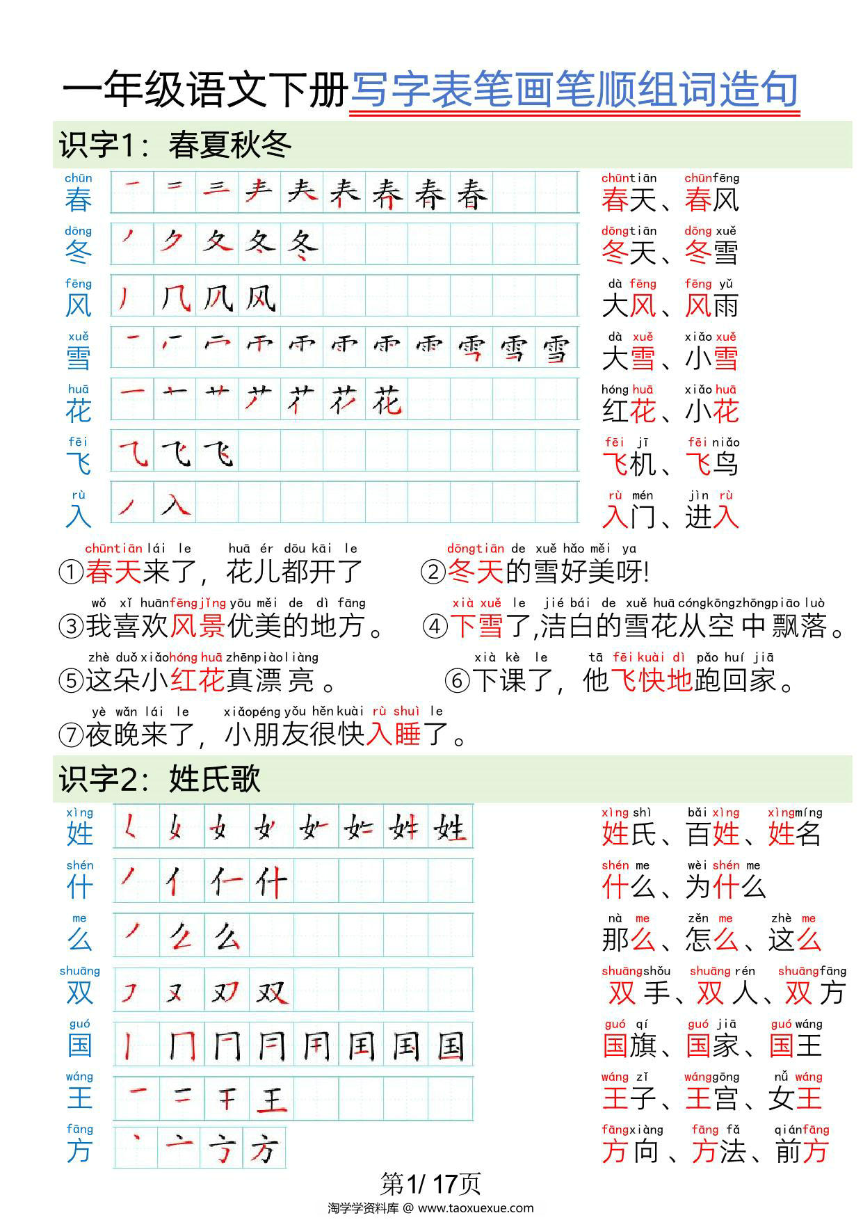 图片[1]-一年级语文下册写字表笔画笔顺组词造句，17页PDF电子版可打印-淘学学资料库