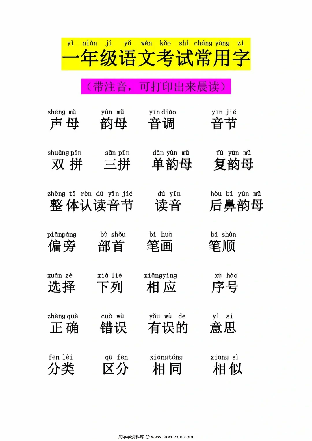 一年级语文考试常用字，4页PDF电子版