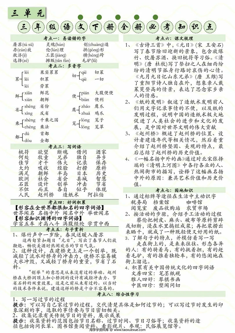 图片[2]-三下语文1-8单元全册必考知识点，8页PDF电子版-淘学学资料库