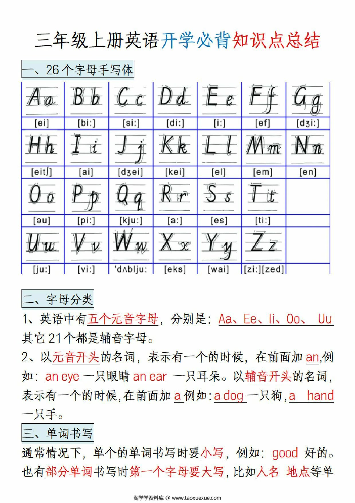 三年级上册英语开学必背知识总结，8页PDF电子版
