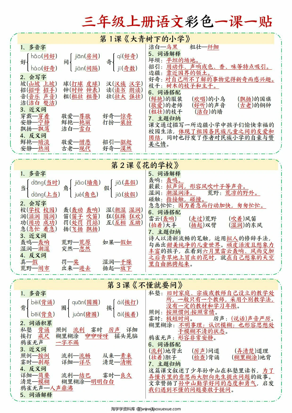 三年级上册语文彩色一课一贴，9页PDF可打印