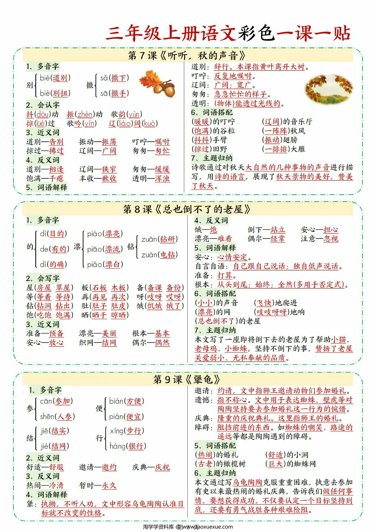 图片[2]-三年级上册语文彩色一课一贴，9页PDF可打印-淘学学资料库