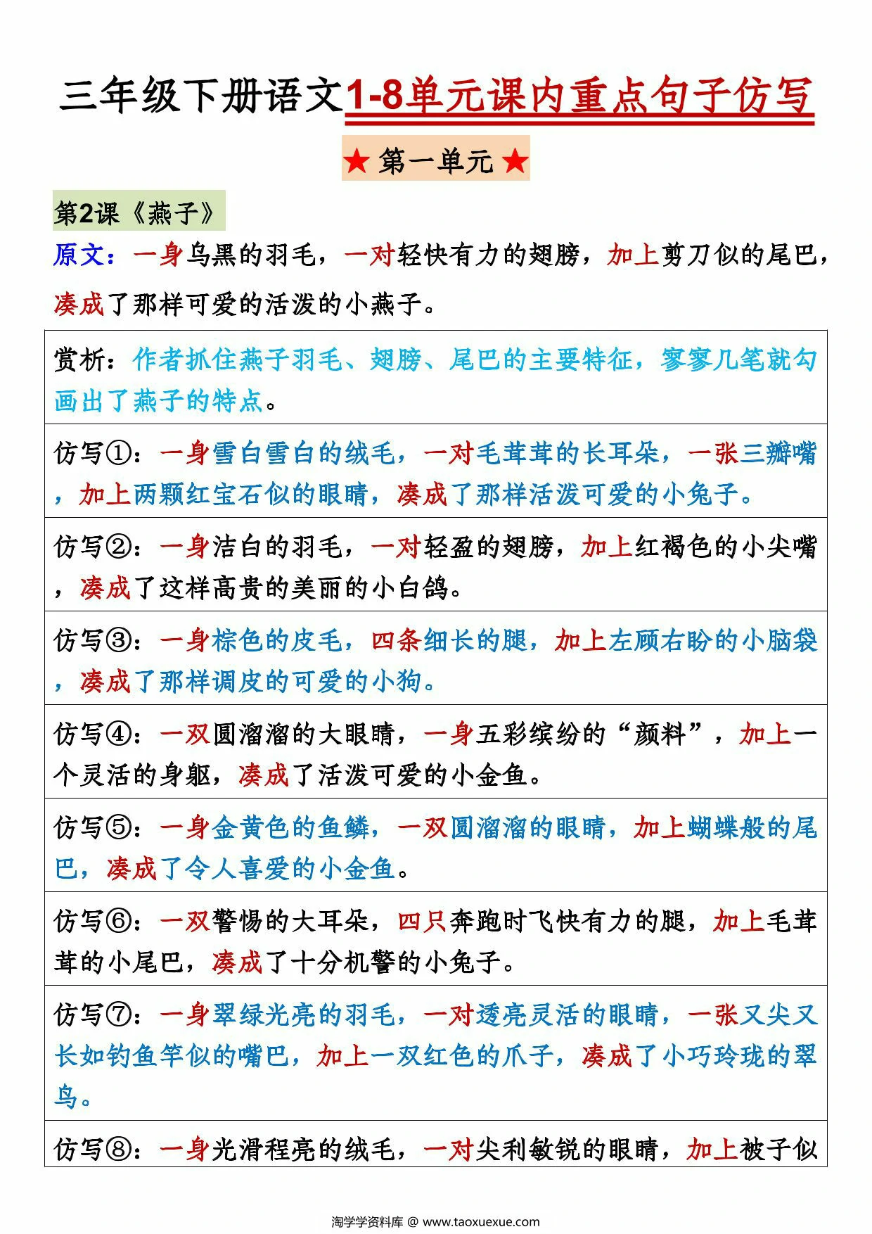 图片[1]-三年级下册语文1-8单元课内重点句子仿写，8页PDF可打印-淘学学资料库