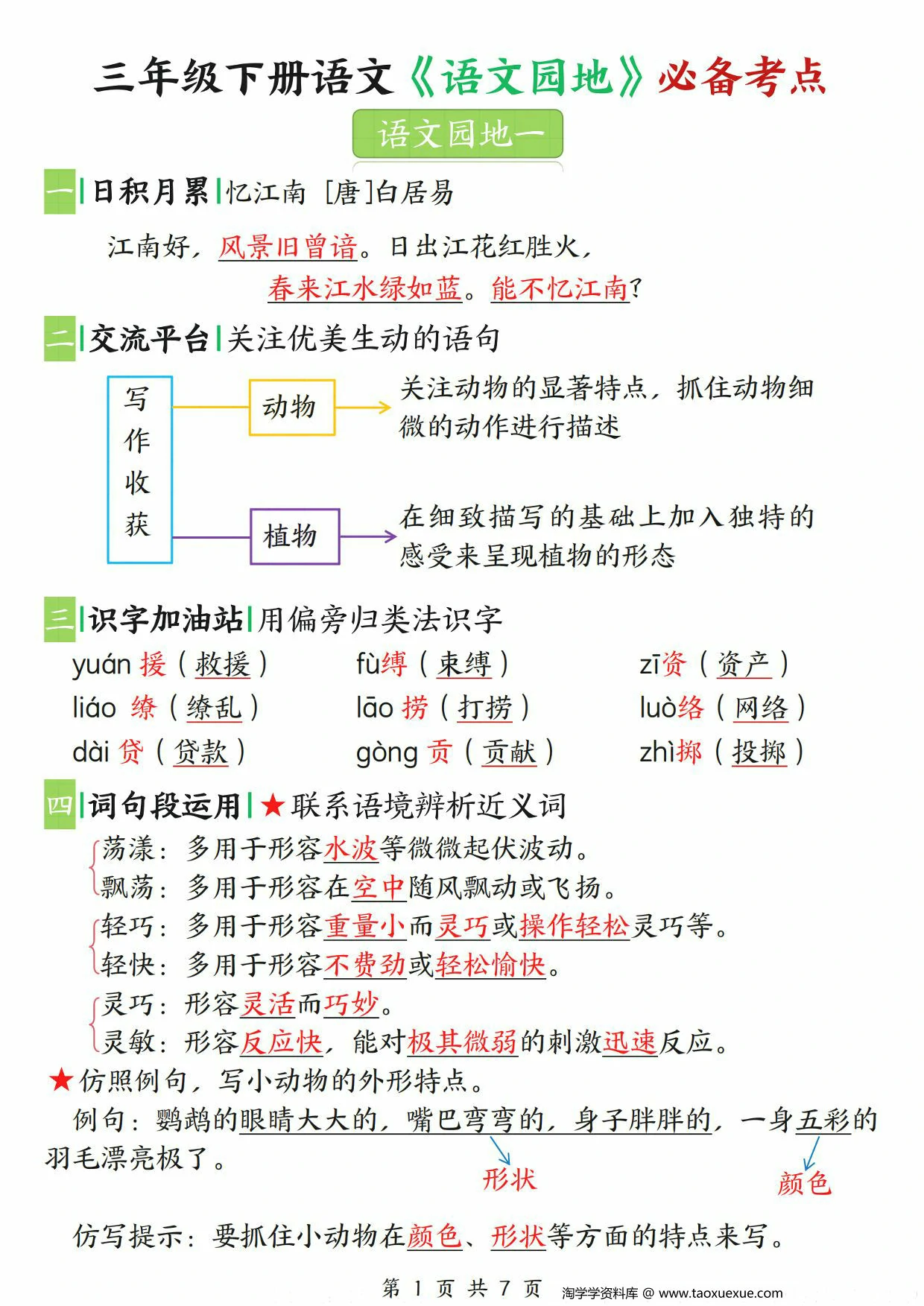 图片[1]-三年级下册语文《语文园地》必备考点，7页PDF电子版-淘学学资料库