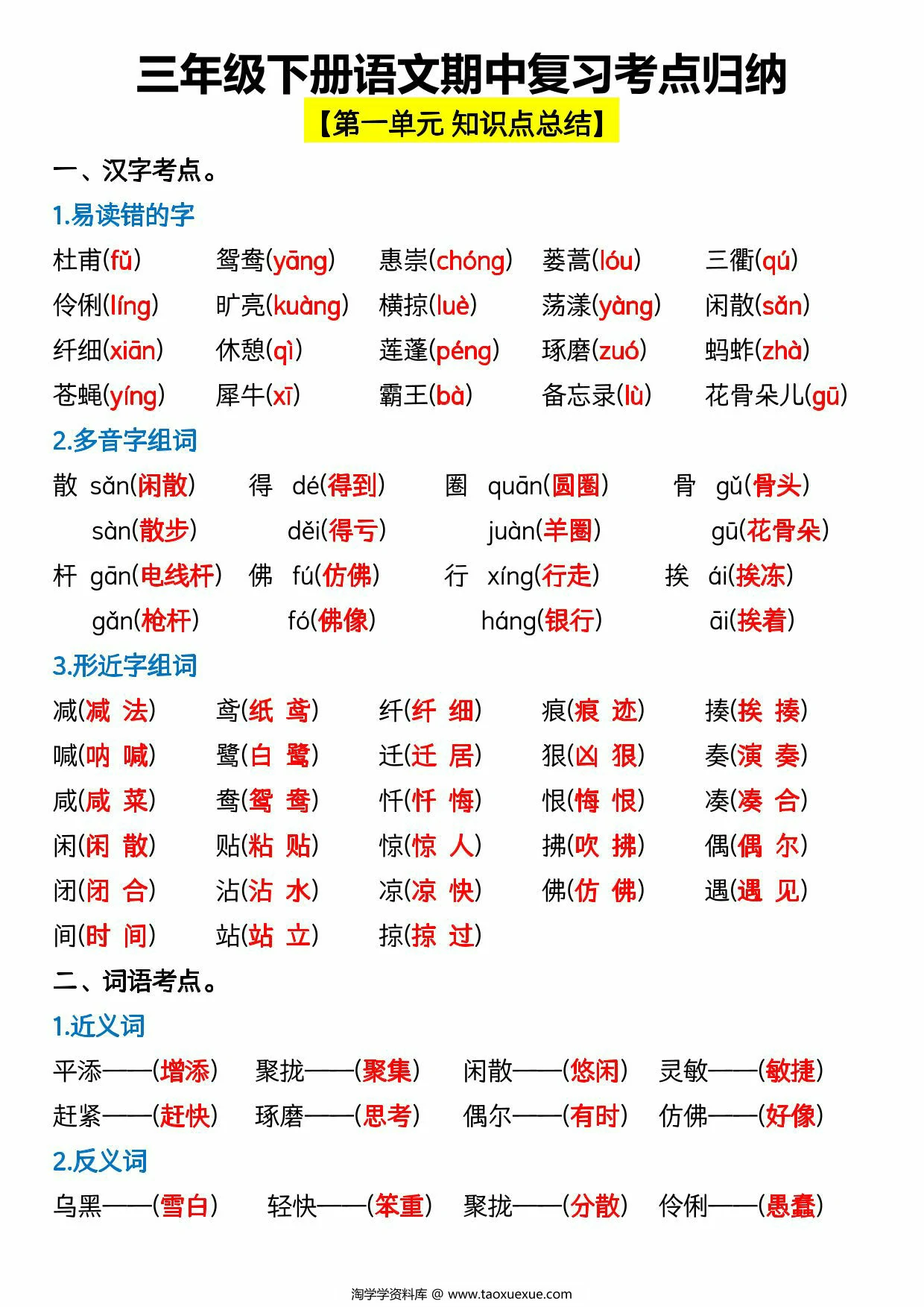 图片[1]-三年级下册语文期中复习考点归纳，17页PDF电子版-淘学学资料库