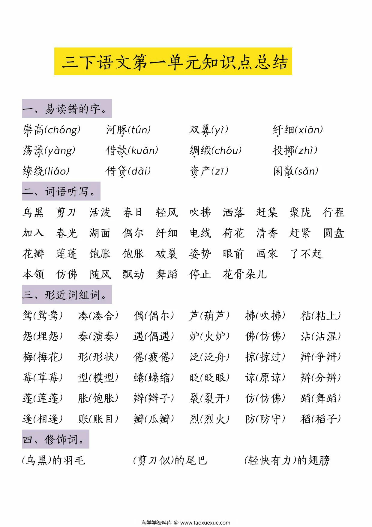 图片[1]-三年级下册语文第一单元知识点总结，5页PDF电子版-淘学学资料库