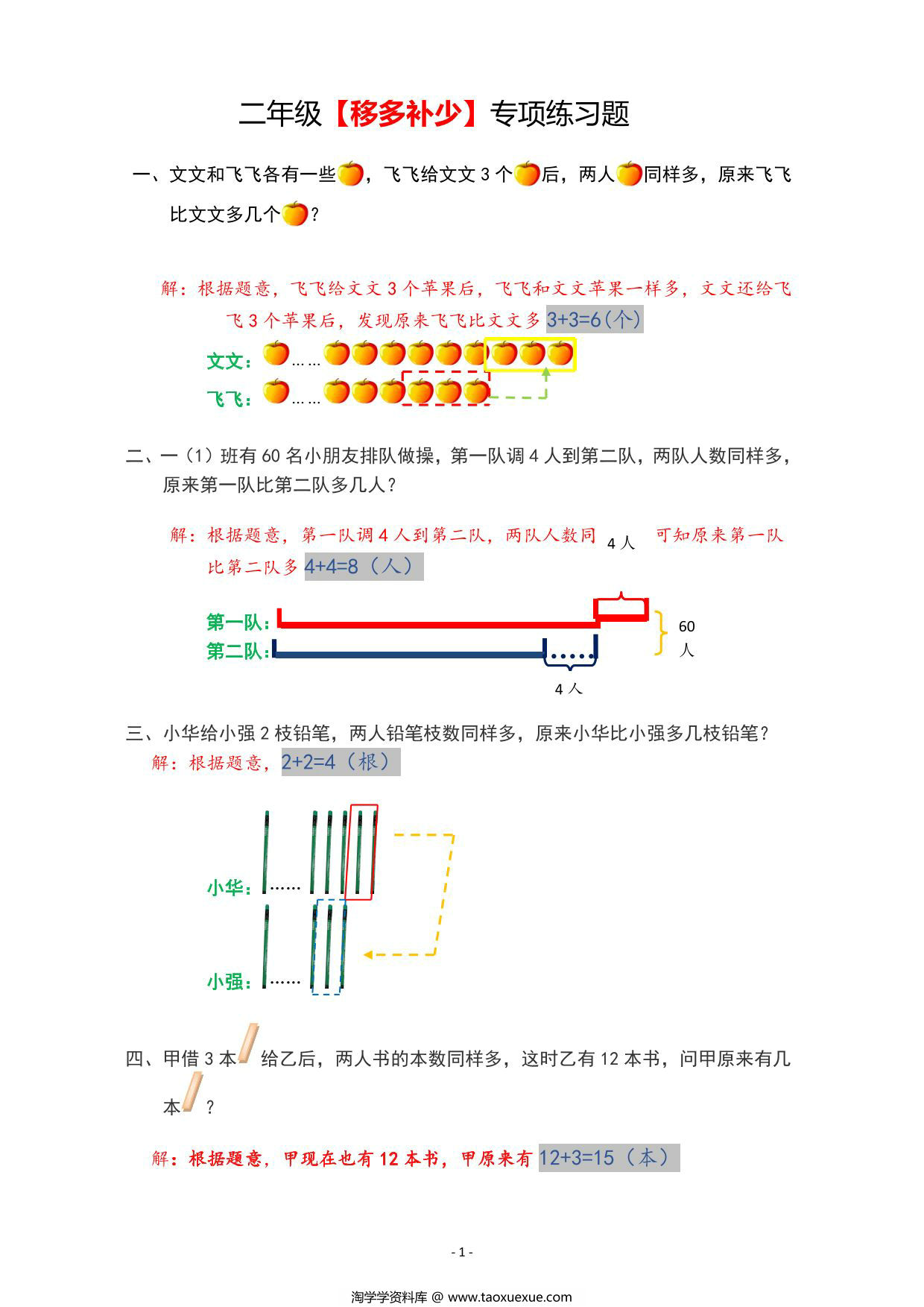 图片[1]-二年级上册数学【移多补少】专项练习题，6页PDF电子版-淘学学资料库