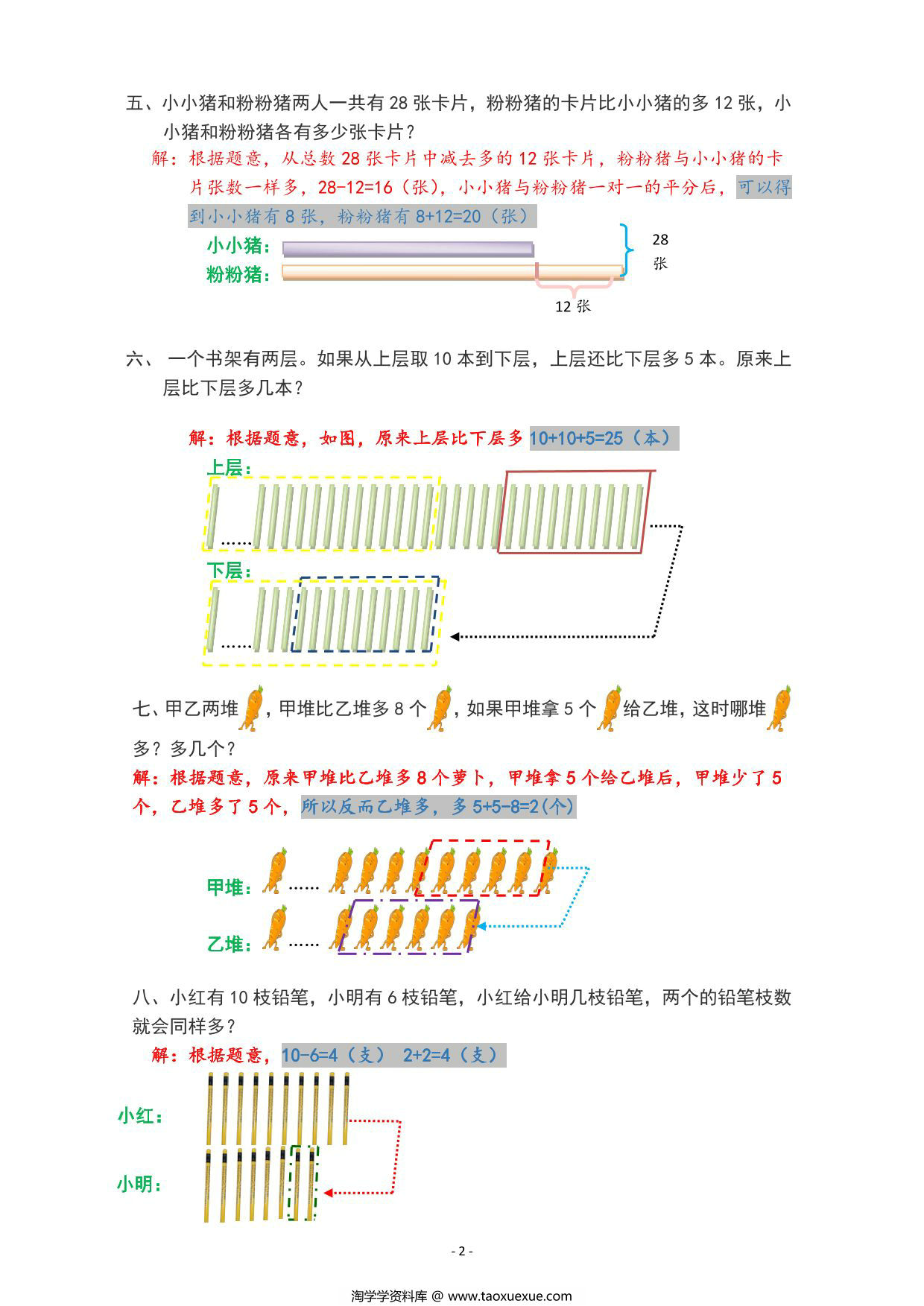 图片[2]-二年级上册数学【移多补少】专项练习题，6页PDF电子版-淘学学资料库