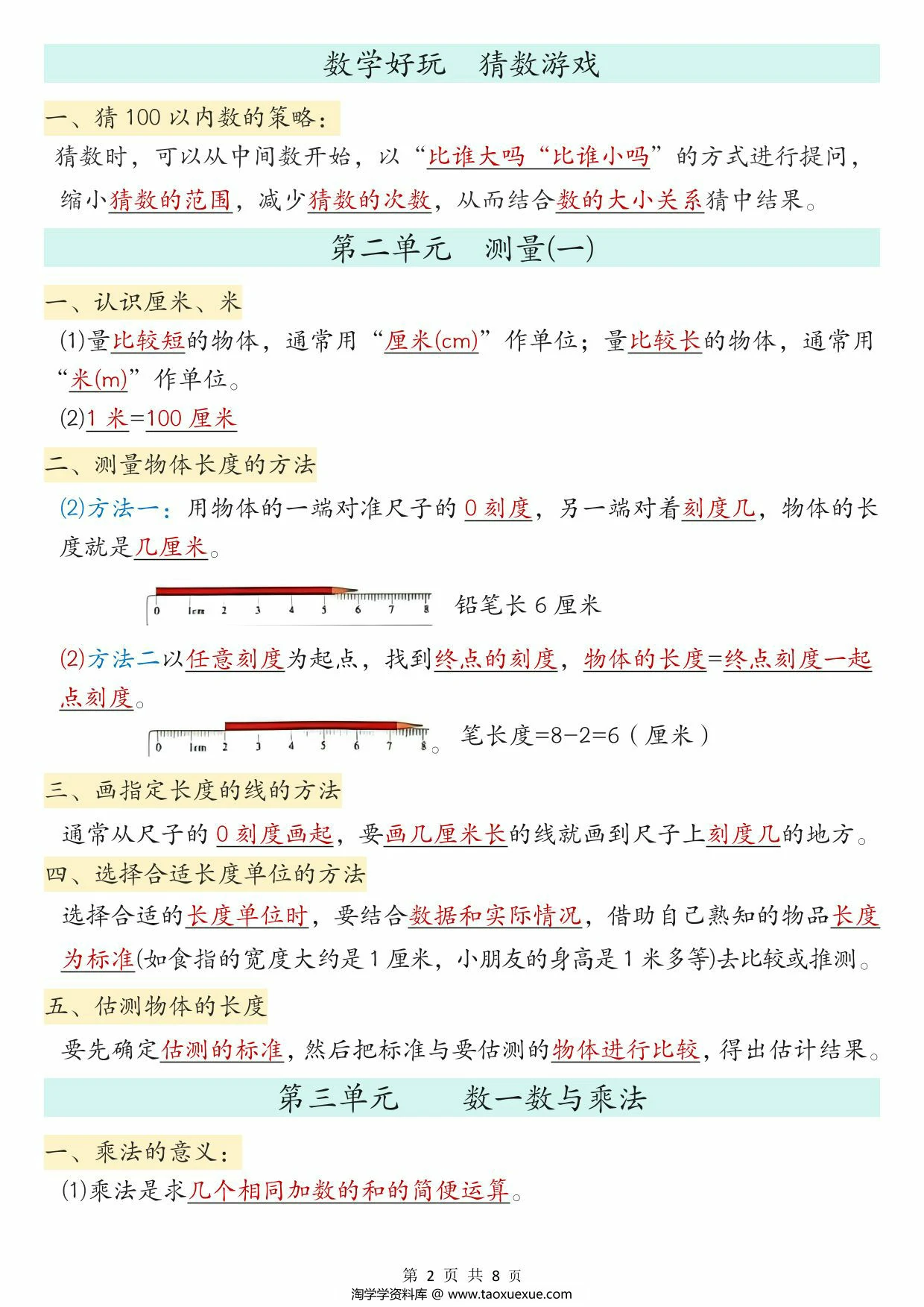 图片[2]-二年级上册数学必背知识点汇总北师大版，8页PDF电子版-淘学学资料库