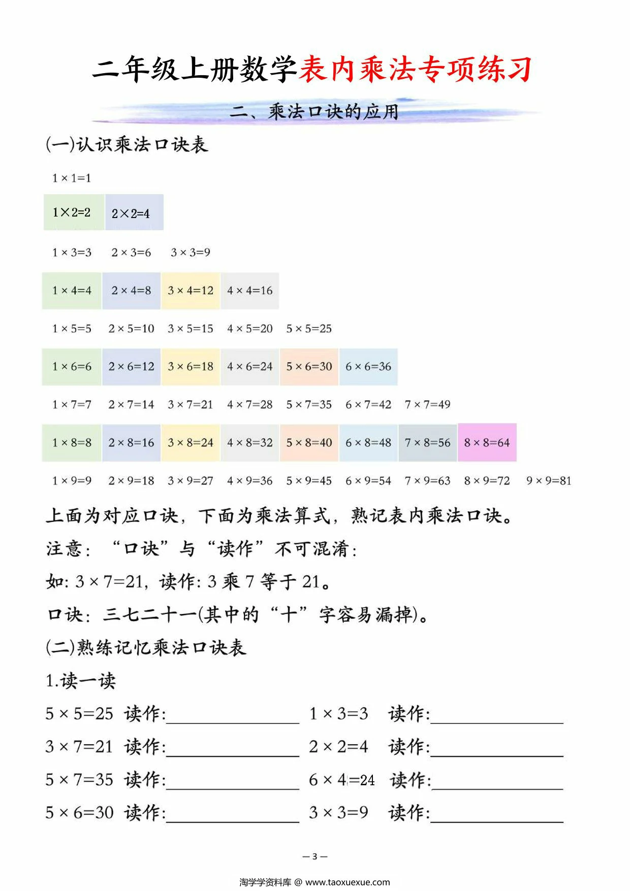 图片[2]-二年级上册数学表内乘法专项练习，10页PDF电子版-淘学学资料库