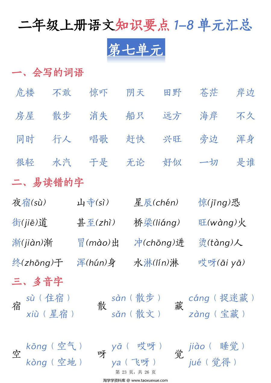 图片[2]-二年级上册语文知识要点1-8单元汇总，26页PDF电子版-淘学学资料库