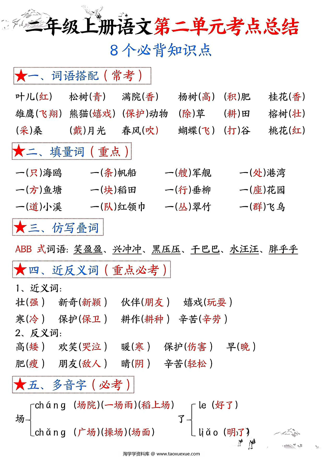 图片[1]-二年级上册语文第二单元考点总结8个必背知识点（含空白版），4页PDF可打印-淘学学资料库